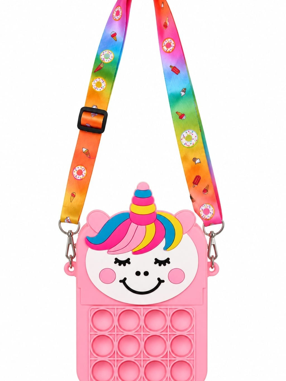 Unbranded Pink Unicorn Pop-It Crossbody Bag with Rainbow Strap